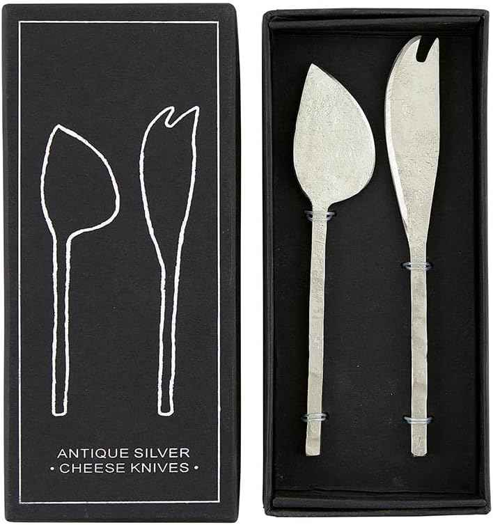 Santa Barbara Design Studio Cheese Knives Gift Set White & Black Cardboard Book Gifts, 2-Pieces, Antiqued Silver