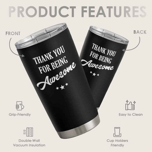 SANDJEST Thank You for Being Awesome Tumbler Gift Set - Birthday, Christmas, Appreciation Inspirational Gifts for Women, Men, Coworkers - 20oz Stainless Steel Insulated Coffee Travel Mug