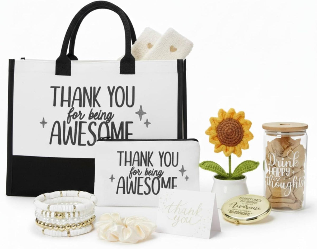 Zopeal 10 Pcs Appreciation Gifts Thank You Gifts Set for Women Tote Bag | Tumbler Candle Appreciation Bundle for Friend Coworker, Socks Bracelet Makeup Bag Mirror, Thank You Gifts for Birthday