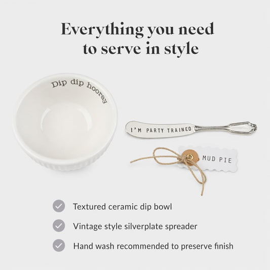 Mud Pie Dip Bowl Set, Hooray, 2" x 6" | White Ceramic Dip Bowl Set, 6 Inches Wide, For Dips, Queso, Salsa and Party Appetizers