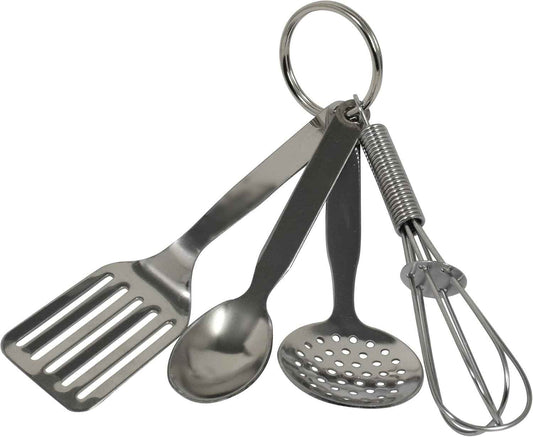 R&M International Mini 3.5" Kitchen Tool Set with Keychain, Includes Whisk, Spatula, Spoon, and Skimmer,Silver