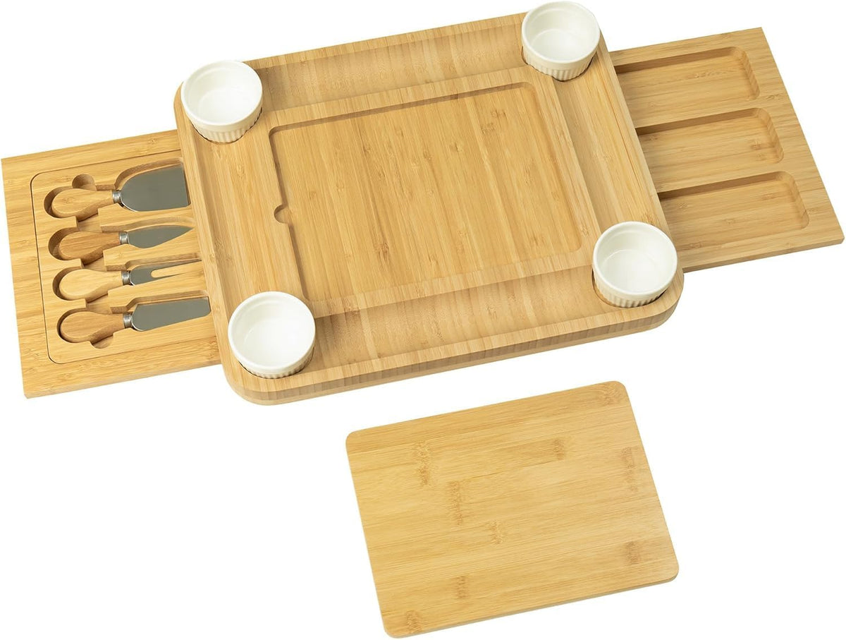 Charcuterie Board Cheese Serving Tray Set, Housewarming Gift for New Home | Bamboo Cheese Board with Stainless Steel Knives and Bowls, Gift for Wedding Couple, Bridal Shower