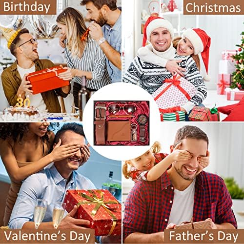 6pcs Men's Gift Set with Box Brown Leather Belt Wallet Watch Glasses