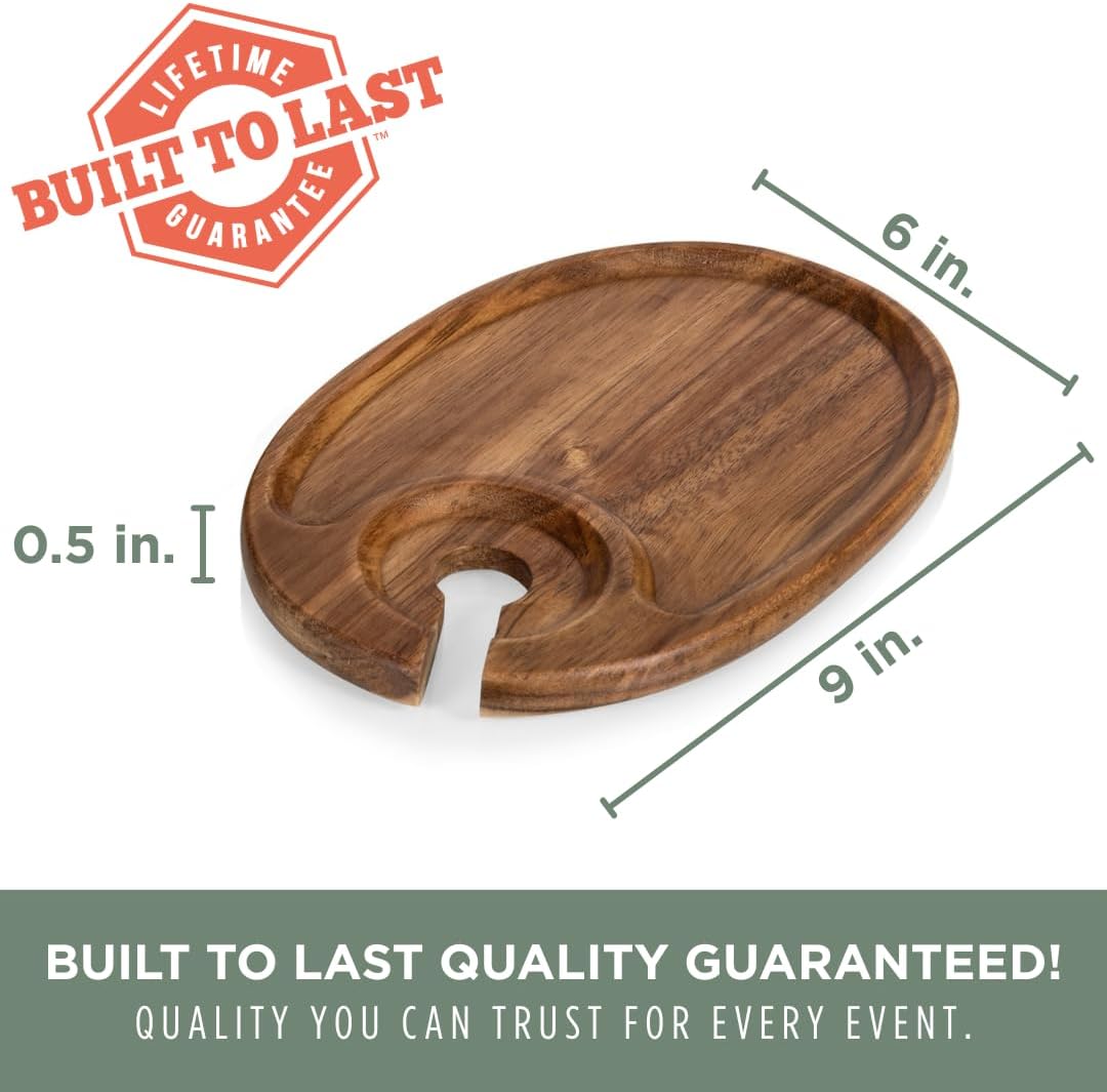 PICNIC TIME Wine Appetizer Plates, Set of 4 Wooden Cocktail Plates with Glass Holder, Mini Charcuterie Boards for Wine and Cheese Parties, Acacia Cheese Board Serving Trays (Oval - Acacia Wood)
