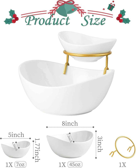 Miamolo 2 Tier Serving Bowl Set and Removable Rack for Chip and Dip | Ceramic Serving Dishes Set with 2 Compartment, for Snacks, Appetizer, Salad, Fruit | Microwave & Dishwasher Safe, Gold Stand