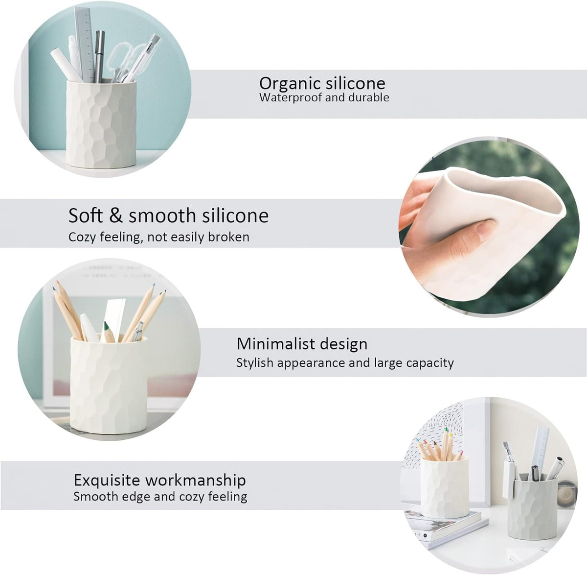 minimaliving Pen Holder,Nordic Style Silicone Waterproof Pencil Holder for Desk Simple&Modern Minimalist Makeup Organizer Multifunctional Office Supplies for Home,Kids and School(Light grey)