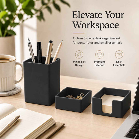 minimaliving Aesthetic Silicone Desk Organizer Set of 3,Modern Office Desk Accessories with Pen Holder,Paperclip Tray,Sticky Note Holder,Stylish Functional Office Desk Decor for Back-to-school(Black)