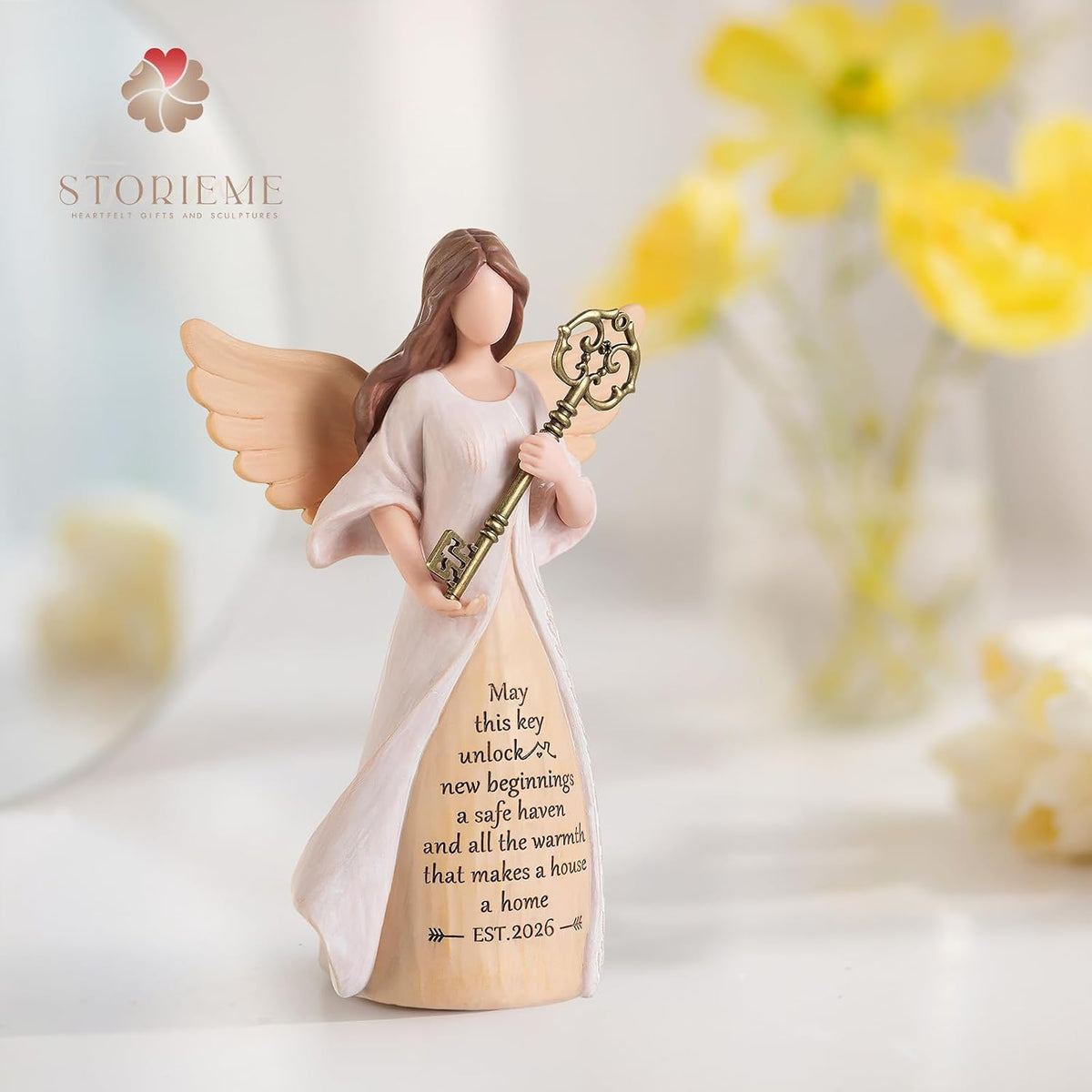 Storieme Housewarming Angel Figurine, House Warming Gifts New Home | Handmade resin with gift-ready package, perfect entryway table decor symbolizing new beginnings for homeowner women friend