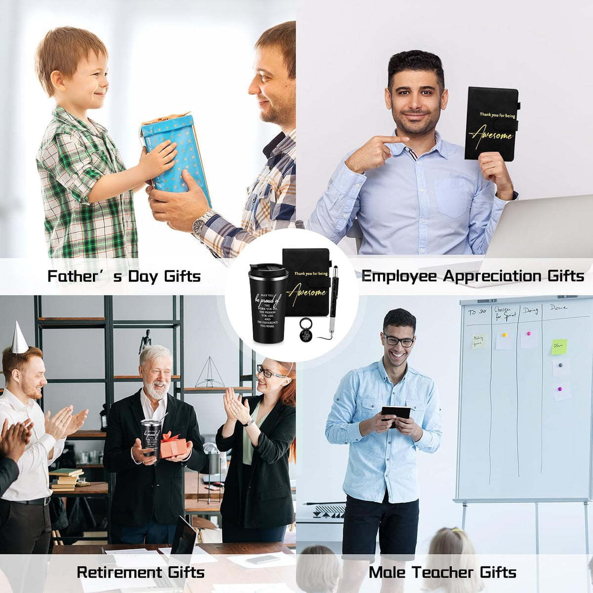 4 Set Employee Appreciation Gifts for Men Back to School Teacher Gift 17oz Black Stainless Steel Coffee Tumbler with Lid Leather Journal Keychain Pen Thank You for Male Women Coworker Staff
