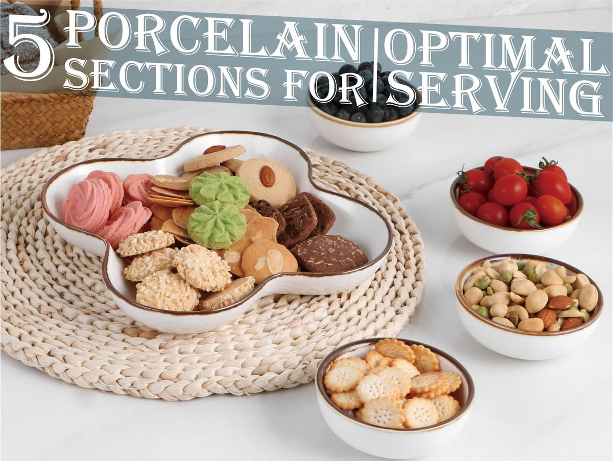 ONEMORE Chip and Dip Serving Set, 8.5 inch Ceramic Divided Serving Platter Small Appetizer Tray with 4 Removable Dishes for Nuts, Candy, Snacks, Veggies, Rustic Serving Bowls for Entertaining