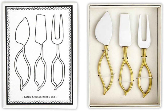 Santa Barbara Design Studio Cheese Knives - Gift Boxed Stainless Steel Fork Knife & Spatula Set with Leaf Shaped Handle, 3-Piece, Gold