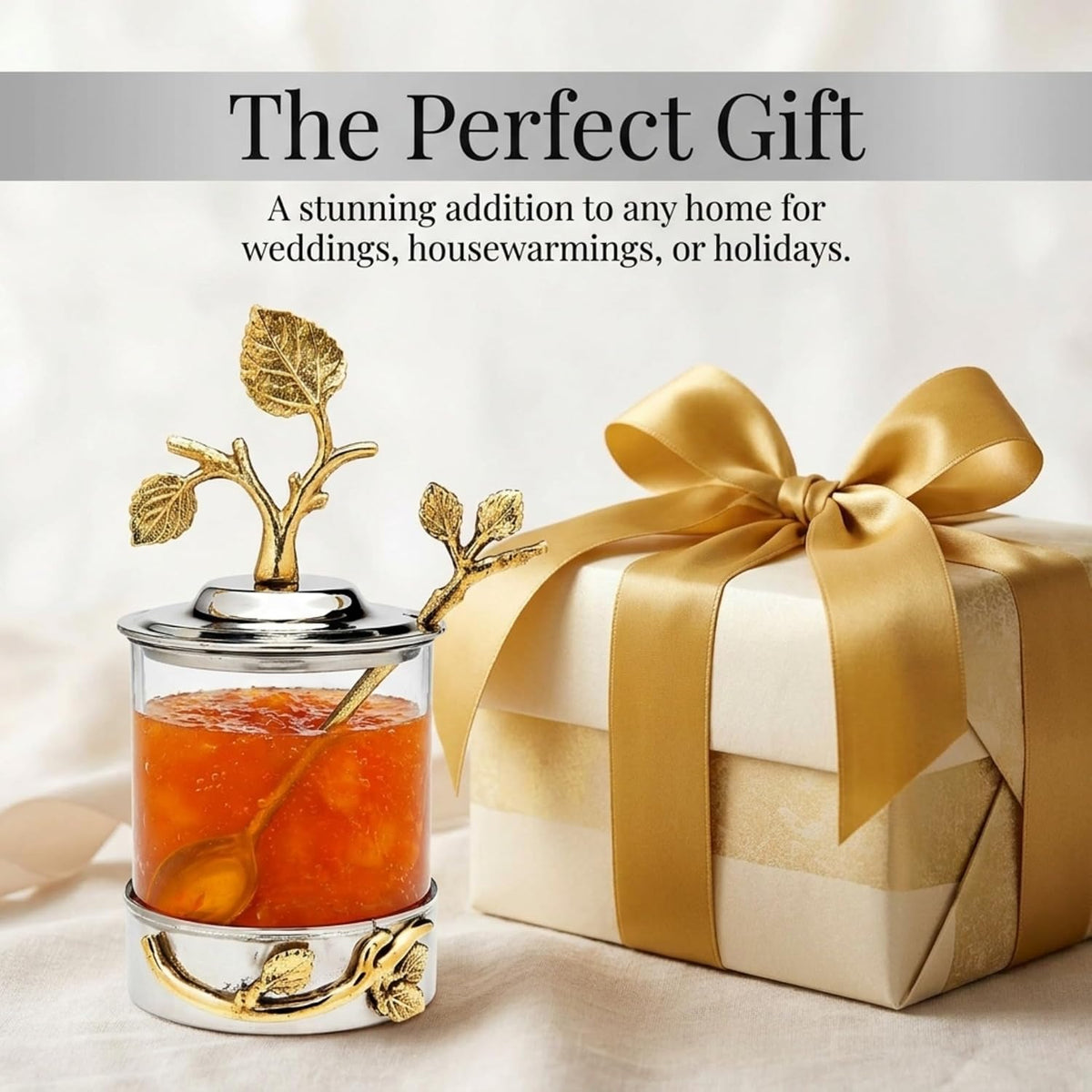 Godinger Elegant Leaf Jam & Honey Jar with Spoon – Stylish Stainless Steel & Glass Dish For Condiments, Sugar & Spreads – Decorative Serveware for Breakfast, Tea, Entertaining & Housewarming Gifts
