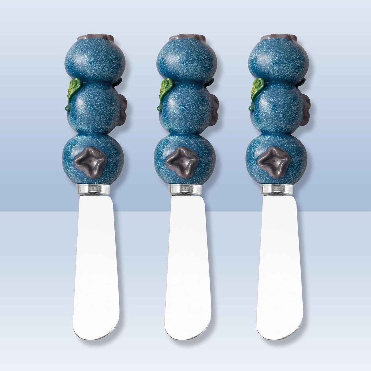 Supreme Housewares Blueberry Cheese Spreader Set of 3, Stainless Steel Appetizer Spreaders with Hand-Painted Resin Fruit Handles, Summer Table Decor, Blue