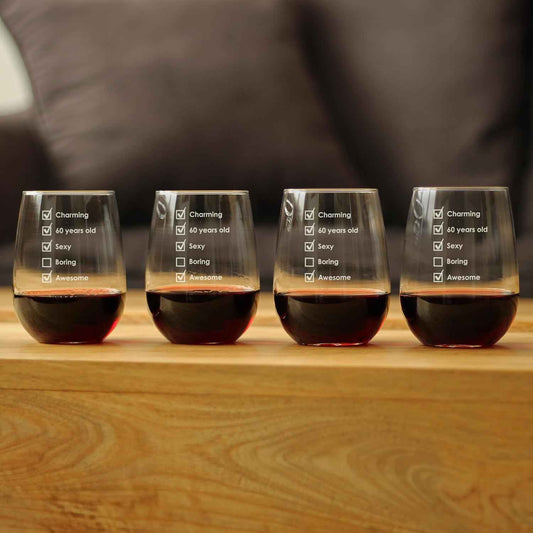 60th Birthday Checklist Wine Glass for Gift Bday Gifts - 17 oz - Set of 4 | Bevvee Gifts for turning 60. Milestone bday party decor. Wine glass drinkware for home bars and parties. Dishwasher Safe