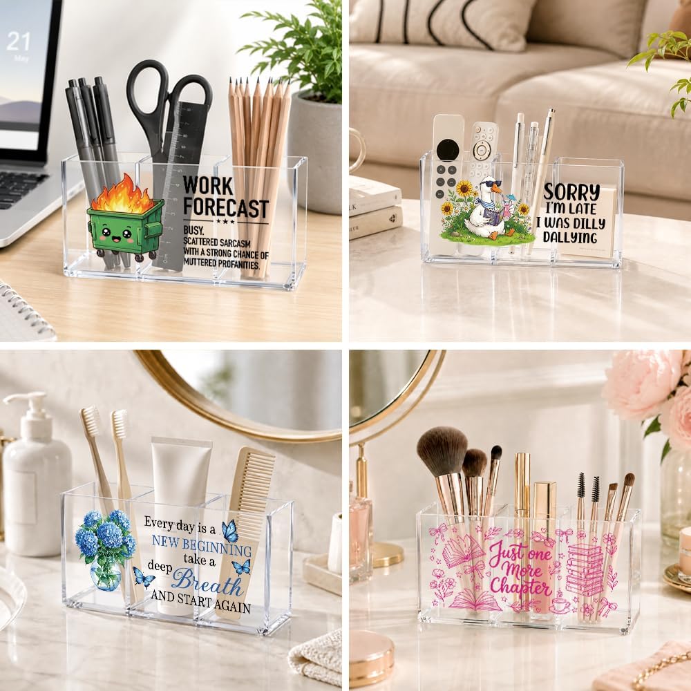 Every Day Is a New Beginning Dandelion Acrylic Pen Stationery Organizer 3 Compartments, Dandelion Clear Desktop Organizer for Office School Home, Housewarming Gifts for Women Friends