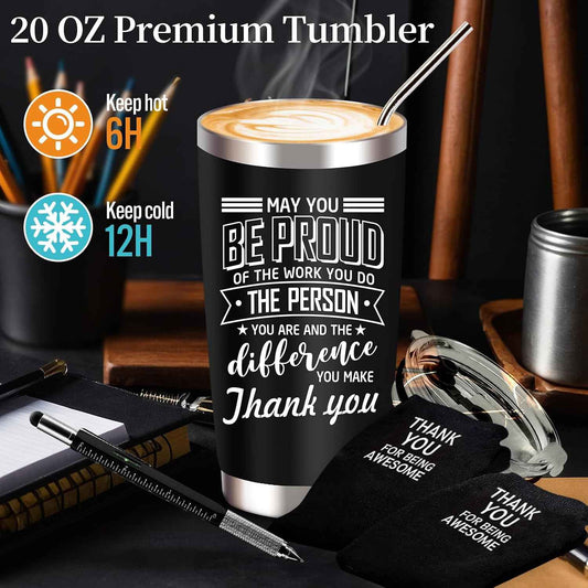 JTAMOHI 9 Pc Employee Appreciation Gifts: 20 Oz Tumbler, Scented Candle, Socks, Acrylic Award Plaque Sign, Thank You Gifts for Employee, Teacher, Professor