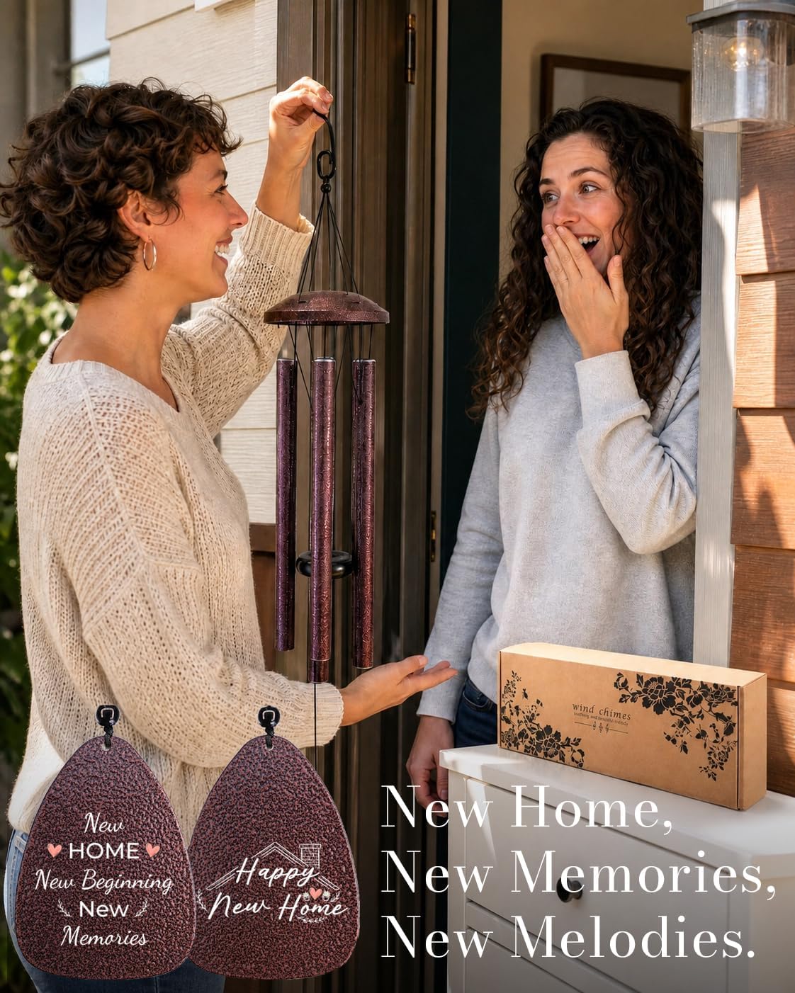 37" Wind Chimes House Warming Gifts New Home Gift Ideas Apartment Decor | Durable Rustproof Aluminum Wind Chimes with heavy-duty hook, adjustable deep-tone striker, and UV-printed housewarming tag.