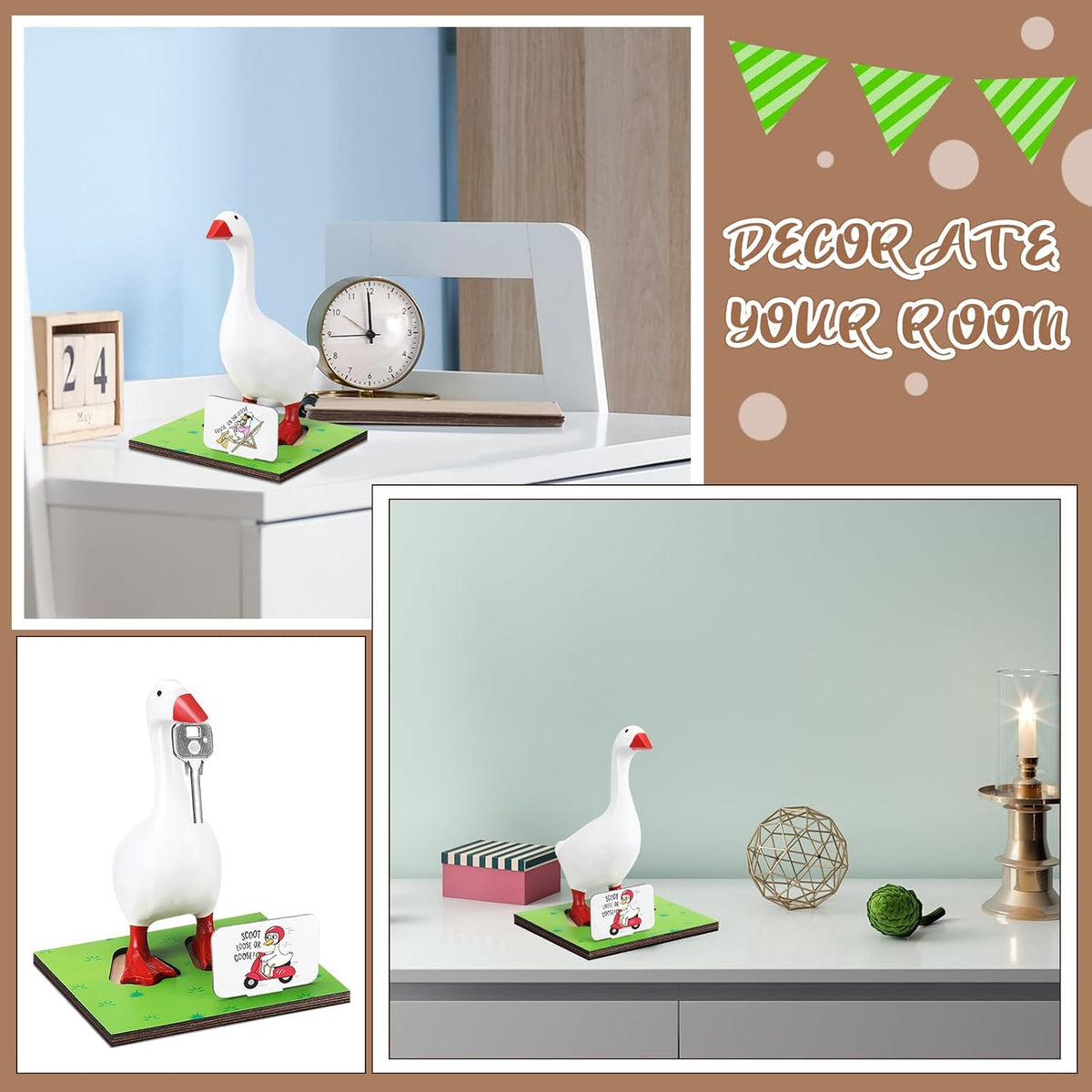 Relaxweex Magnetic Goose Key Holder Cute Resin Desk Goose Statue Wooden Base Writable Sign Chalk Interchangeable Sign for Housewarming Gift Office Home Bookshelf Table Decor(Cute Quotes,11 Pcs)