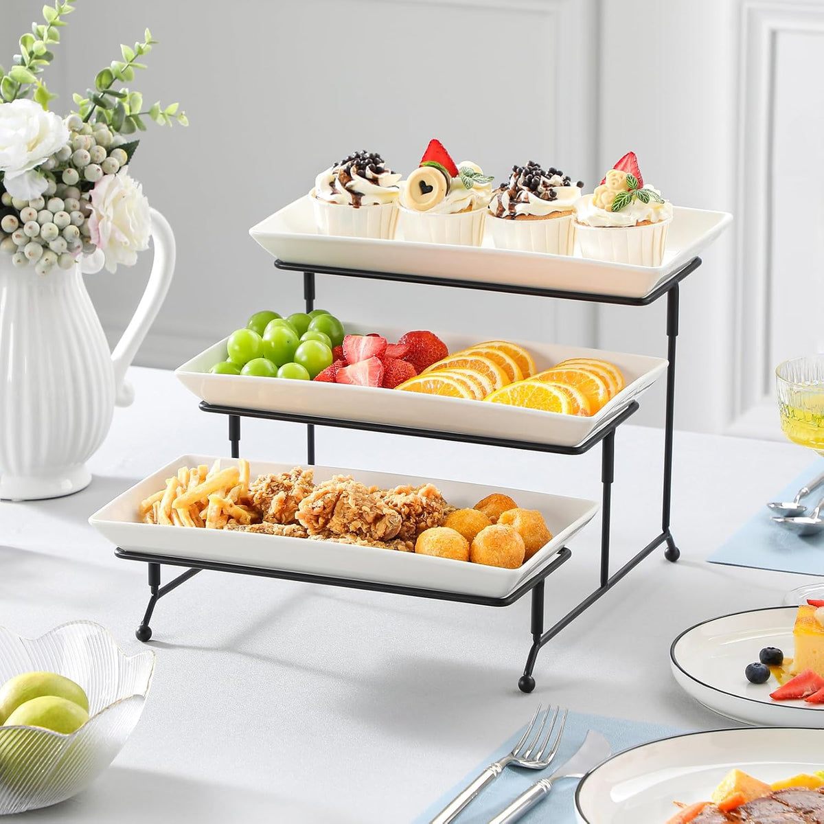 MALACASA 3 Tier Serving Trays, White Porcelain Serving Platters, 12 Inch | Tiered Serving Stand for Party, Fruit Tray, Trays for Serving Food, Dessert Stand with Collapsible Sturdier Metal Rack