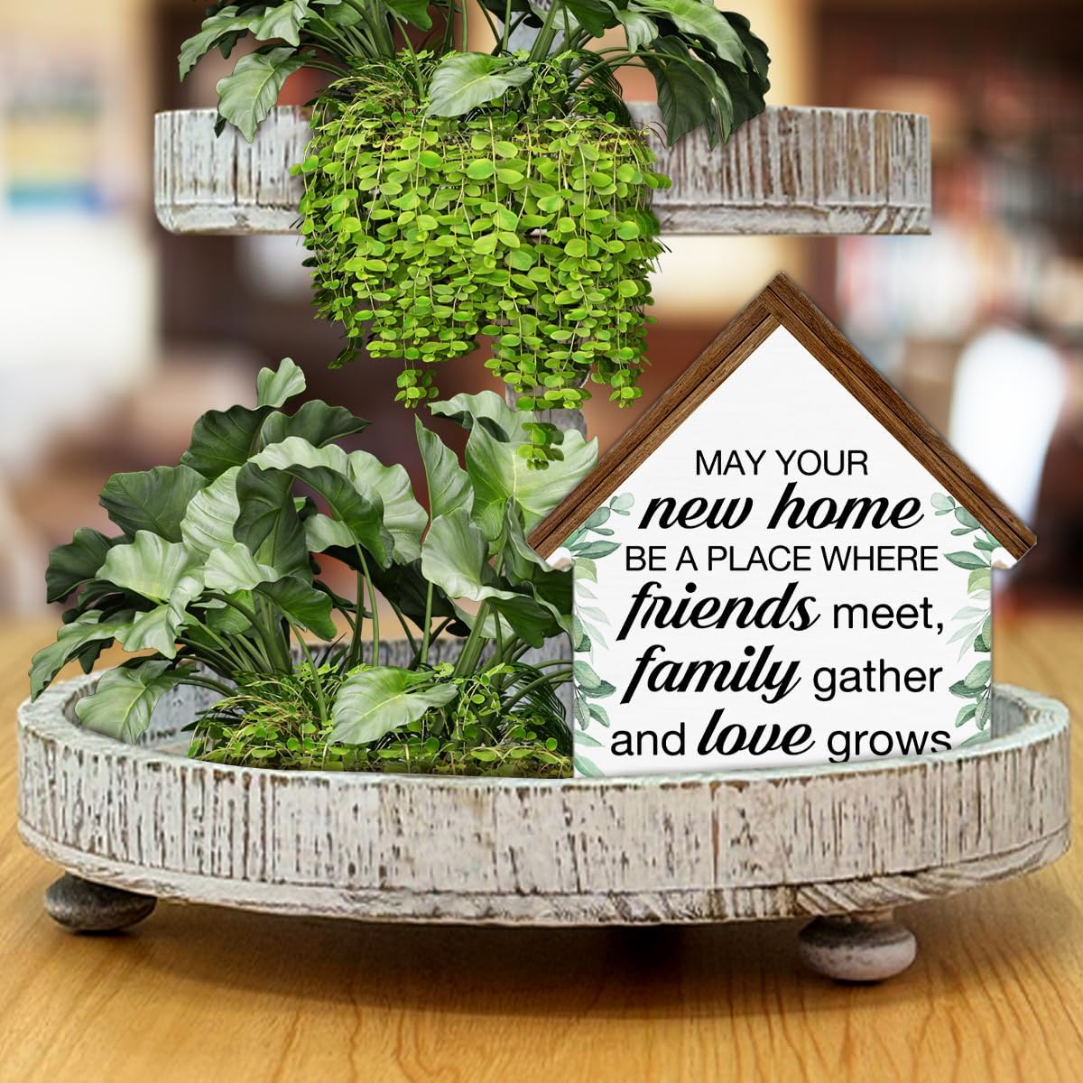 Housewarming Gifts, New House New Apartment Decor, Gifts for New Home Owner | Blessings House Shaped Wooden Block Sign Home Living Room Decor for Desk Table Shelf