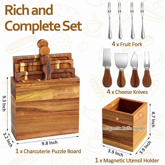 Wood Charcuterie Boards Set,Charcuterie Accessories with Magnetic Storage | Acacia Wood,9 Pack Cheese Knives with Magnetic Holder, Wine Accessories,Housewarming Gifts Hosting Entertaining Birthday