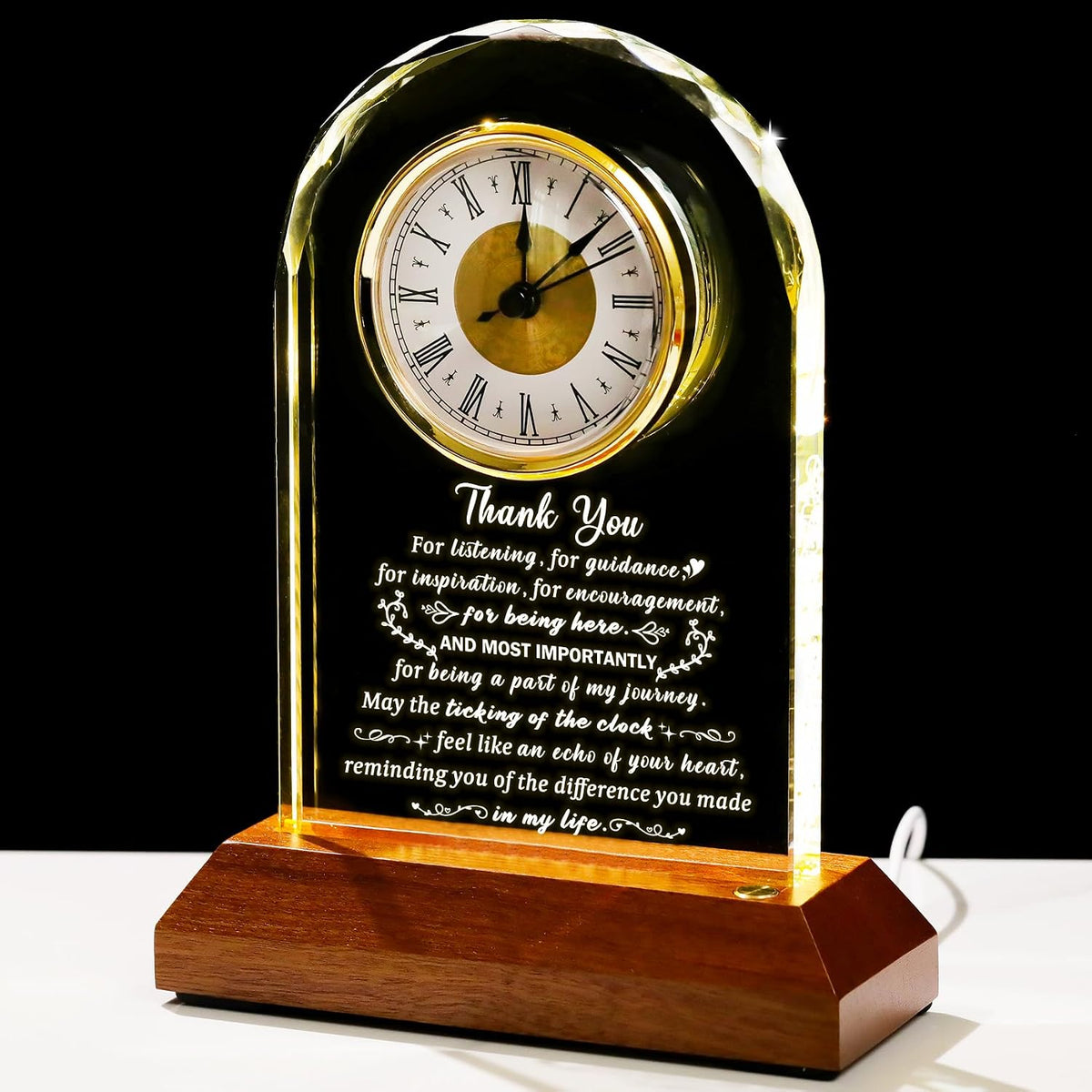 Arikyrist Thank You Gifts for Women Men Glass Clock Appreciation Gift | For Coworkers Friends Teachers Pastor Employee, Inspirational Presents, with Wooden Light Base, Office Desk Clock Decor