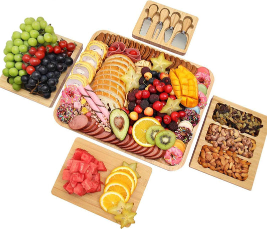 Charcuterie Board Cheese Serving Tray Set, Housewarming Gift for New Home | Bamboo Cheese Board with Stainless Steel Knives and Bowls, Gift for Wedding Couple, Bridal Shower
