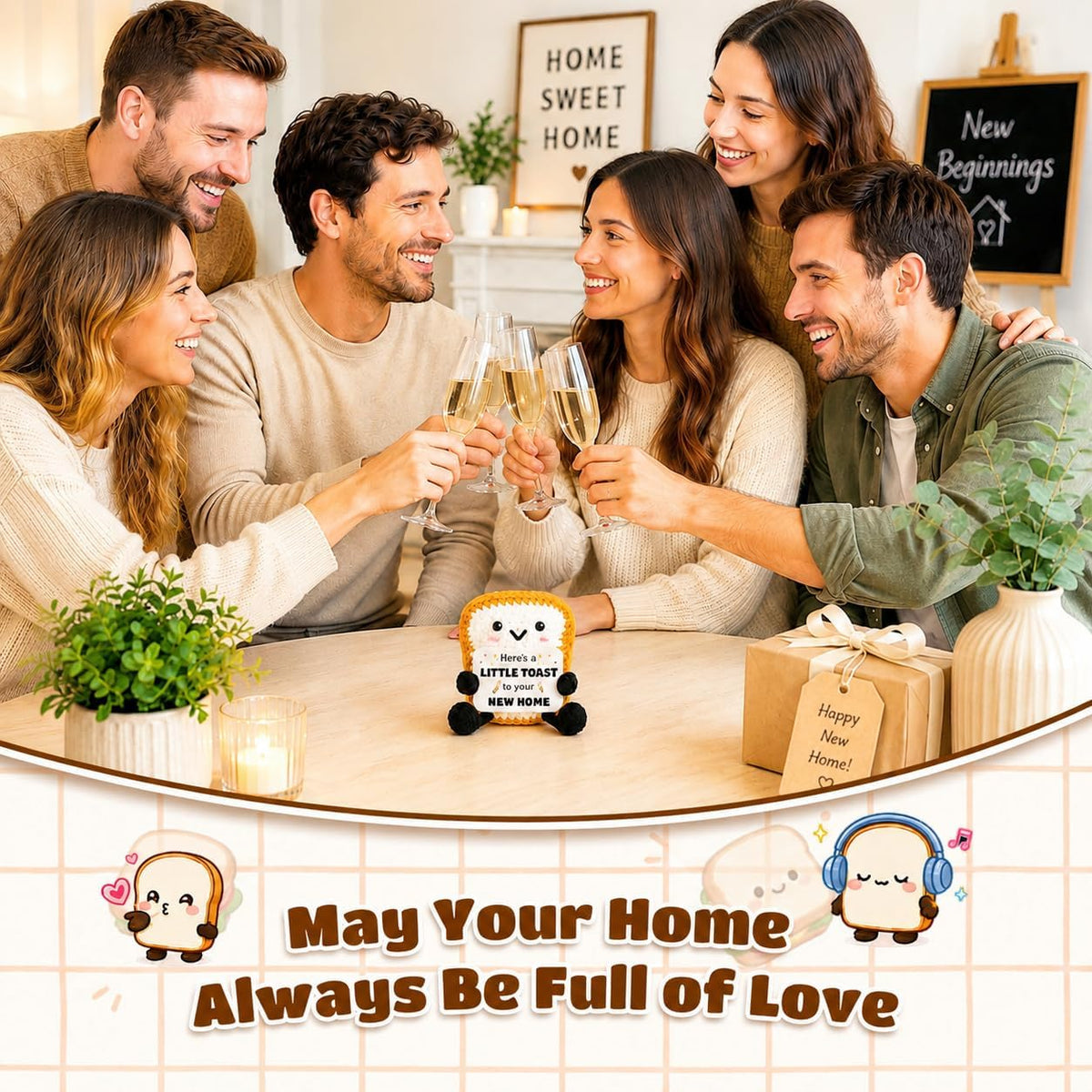 Crochet Toast Housewarming Gift, Cute Positive Toast Crochet with “Here’s a Little Toast to Your New Home”, Funny New Home Gift for Women Men Couples, New Apartment Decor Desk