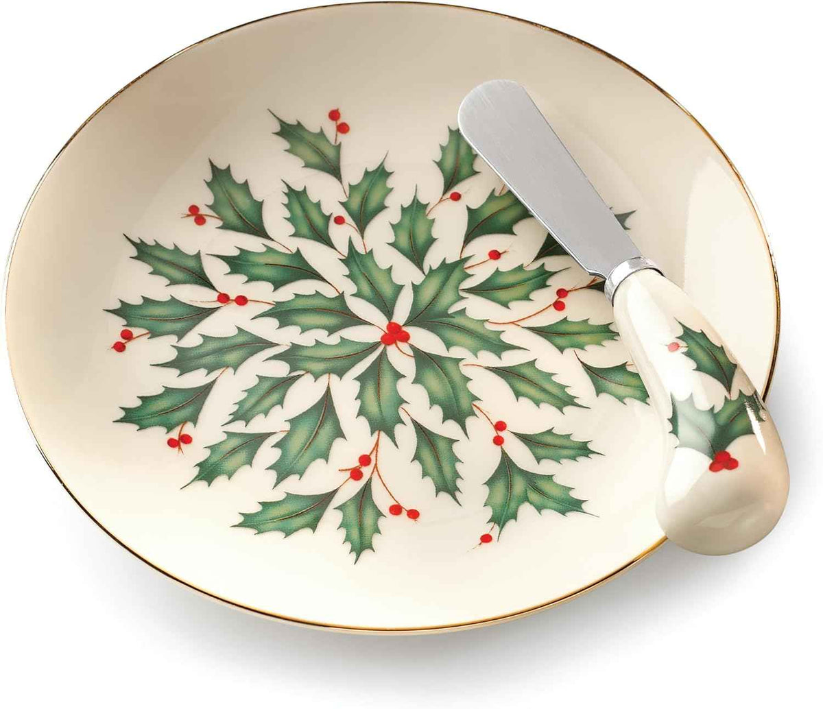 Lenox Hosting the Holidays Christmas Cheese Plate and Knife Set | ivory porcelain, dishwasher safe | 6.75 inch diameter | festive holiday charcuterie set, 2-piece, gift for women