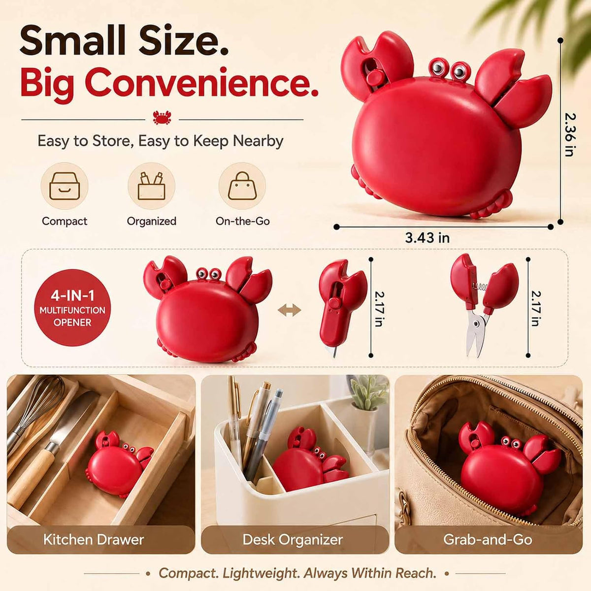 Crab Fridge Magnet 4-in-1 Bottle Opener, Box Cutter & Scissors