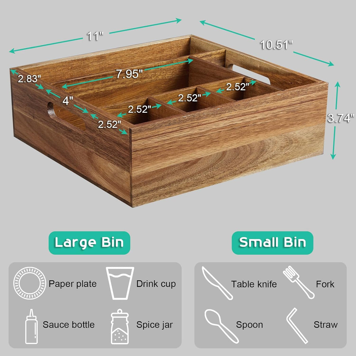 ALELION Acacia Wood Utensil Holder for Party - Paper Plate Organizer for Countertop - Silverware Caddy with 6 Compartments for Plate, Cup, Fork, Spoon - Cutlery Holder for Kitchen Camping Buffet