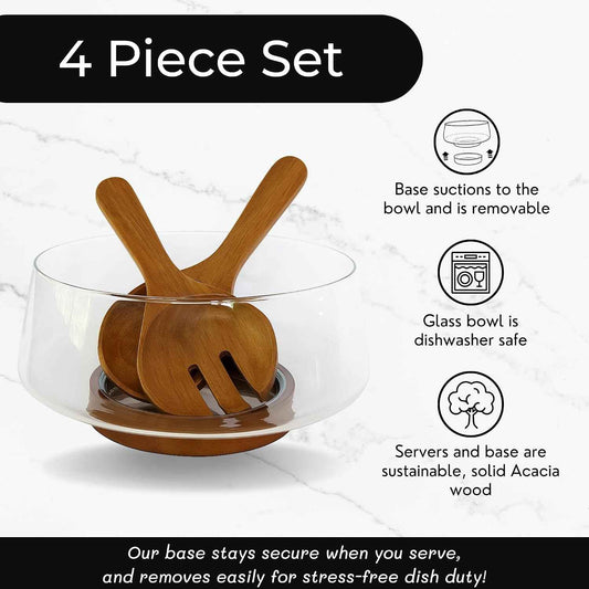 Large Glass Salad Bowl Set with Acacia Wood Base & Salad Servers – Elegant Serving Bowl for Salads, Pasta, Fruit & Snacks – Easy-Clean Modern Serveware, Perfect for Hosting & Housewarming Gifts