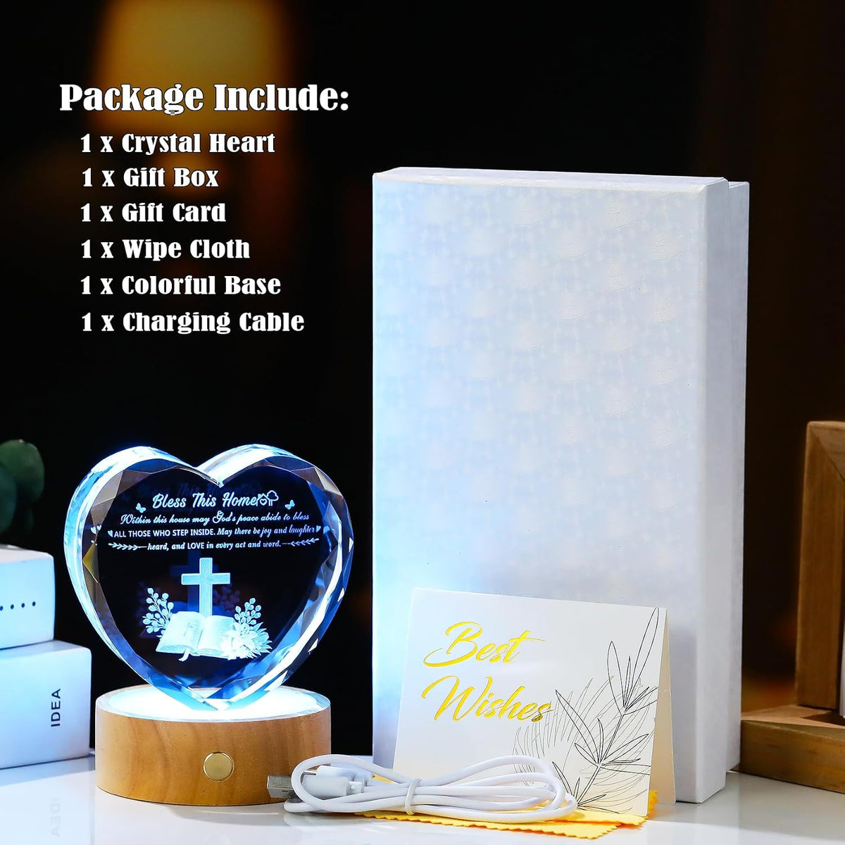 Arikyrist 3D Crystal Heart House Warming Gifts New Home Religious Blessings | Housewarming gifts, for couples women men, religious keepsake,Christian Families Decor, with wooden light base