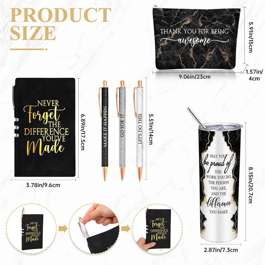 Domensi 6 Pcs Employee Appreciation Gift Set for Women, Black | Female Thank You Gift, May You Be Proud 20 oz Rustic Marble Sign Tumbler, Makeup Bag, Journal, for Boss Teacher Work Business
