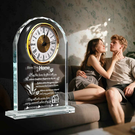 Housewarming Gifts for New Home, Engraved Crystal Glass Clock with Blessing Words, Elegant Home Decoration for Desk, Office, Bedroom - Unique House Warming Gift for Women, Men, Couples, Family