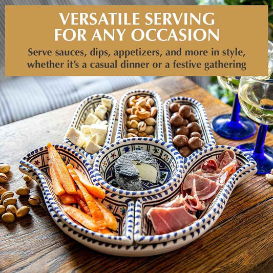 Kamsah Hamsa Serving Platter – 7-Piece Hand-Painted Ceramic Colorful Serving Dishes for Snacks, Appetizers, Dips and More – Moroccon Decorative Platters for Celebrations, Parties and Events