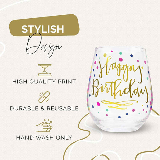 Happy Birthday Wine Glass For Women, 22oz Stemless with Gold Confetti Print - Gift for Adults, Happy Birthday Cups For Her - Gifts For Women - Ideal for 21st, 30th, 40th and 50th Birthdays