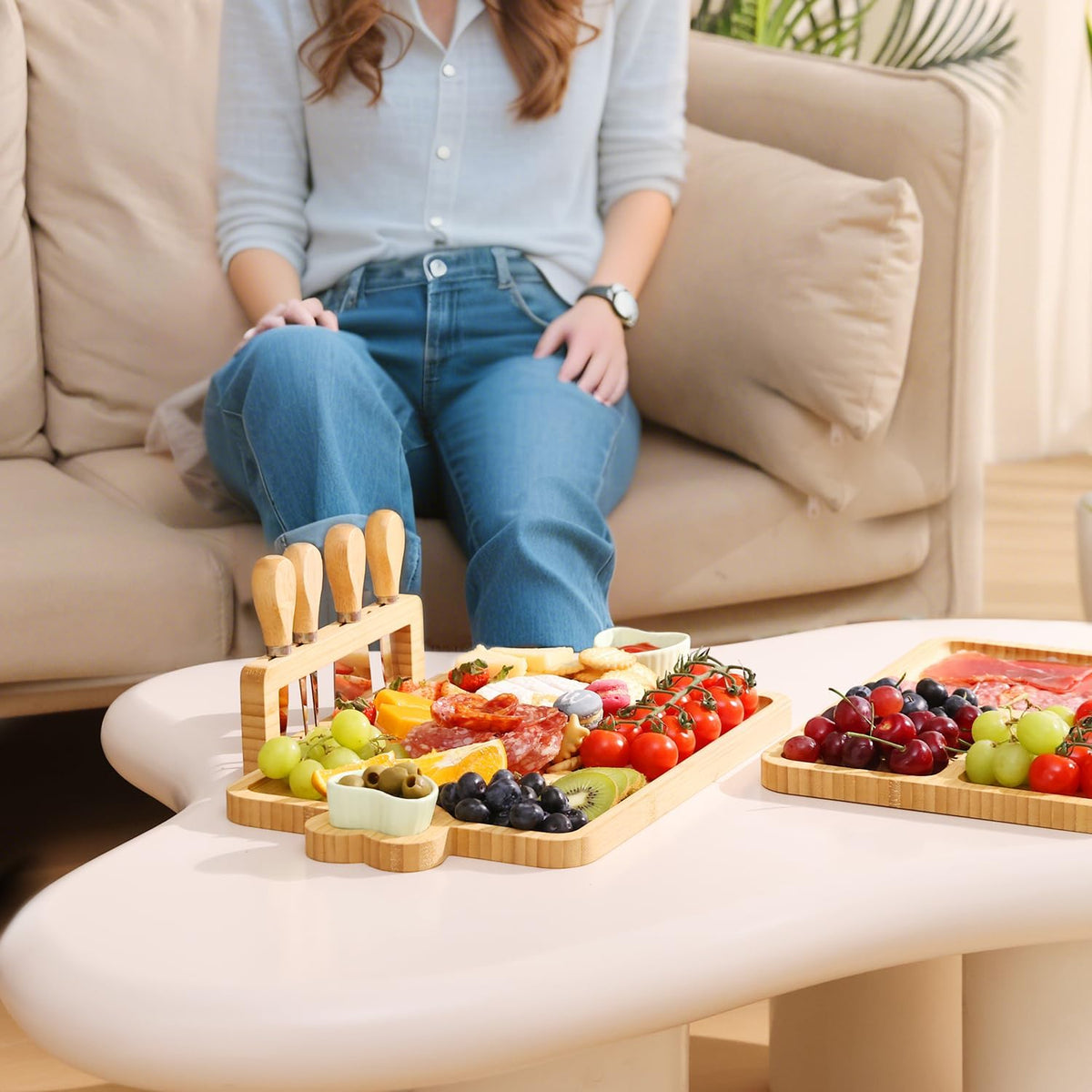 Charcuterie Boards,Bamboo Cheese Board with Magnetic Knives Holder,House Warming Gifts New Home,Wedding Gift for Couple,Birthday Gift for Women Mom,Meat Fruit Serving Tray Platter,1 Piece