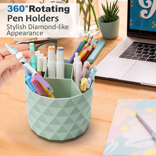 Desk Organizer, 360-Degree Rotating Pencil Pen Holders For Desk, Diamond Pattern Pen Organizer With 5 Compartments, Cute Desk Accessories Decor For Office, School,Home,Art Supply (Green)