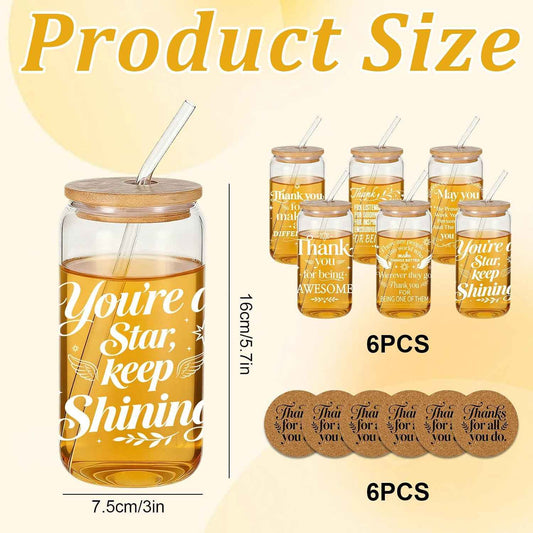 6 Set Employee Appreciation Gifts Glass Cups Bulk, Thank You Gift for Staff Coworker 16oz Can Shaped Beer Glass Cups, Gift Box, Hanging Cards and Coaster Birthday Gift for for Team Women Men Teacher