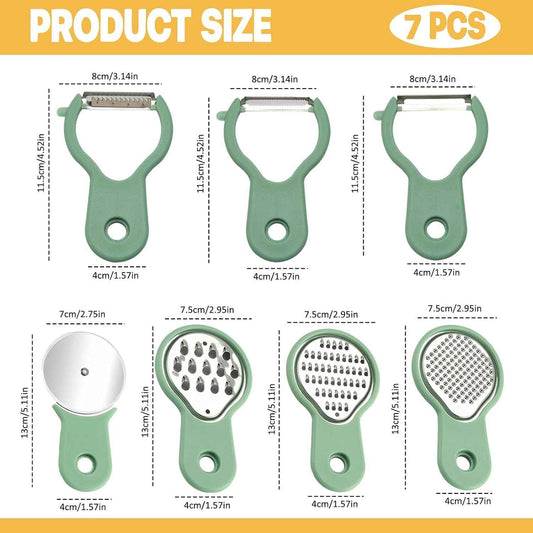 Kitchen Gadgets Set 7 Pieces, Space Saving RV Camper Kitchen Supplies, Cheese Grater, Pizza Cutter, Vegetable Shredder, Fruit Peeler, Garlic Grinder, Stackable Cooking Tools, Dishwasher Safe