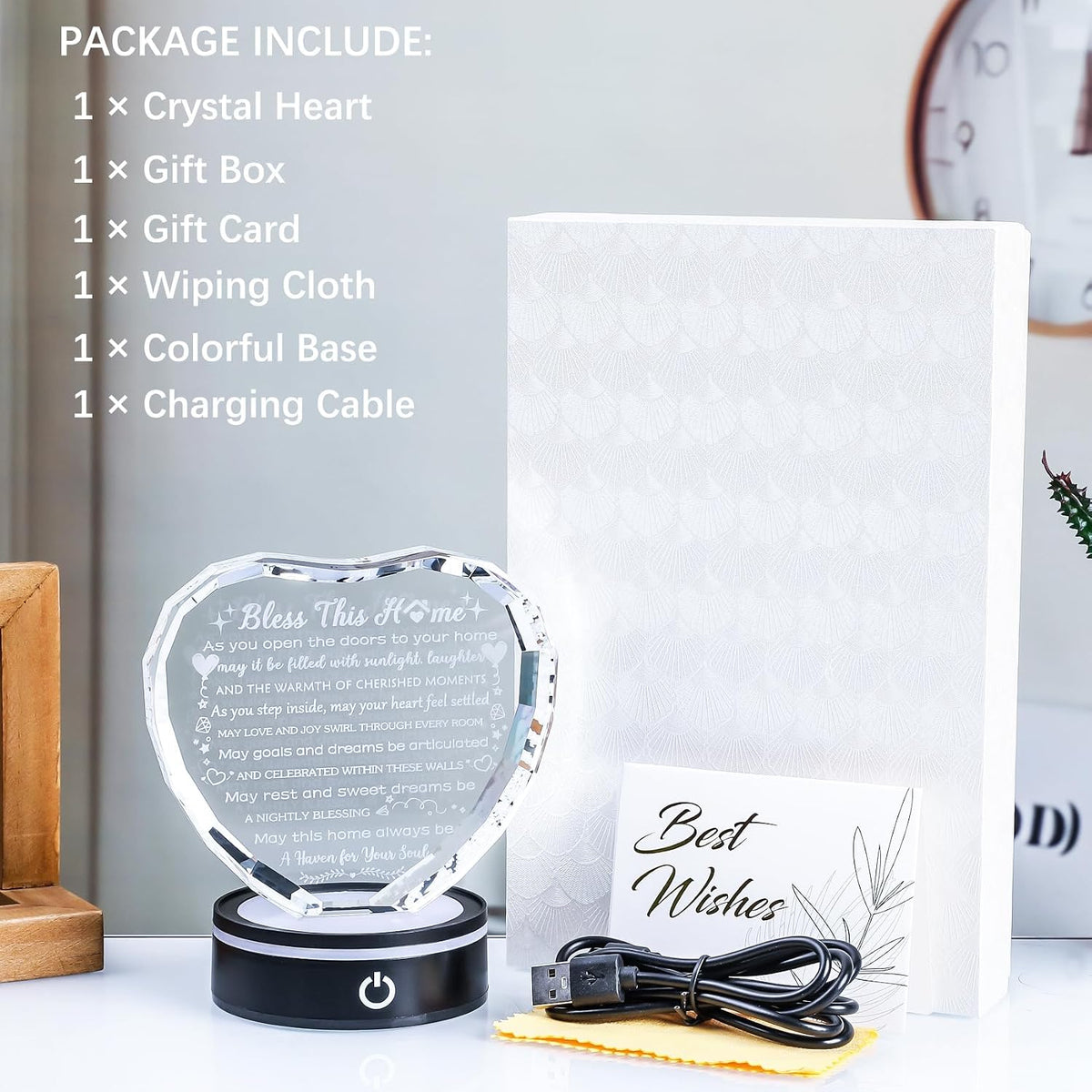 House Warming Gifts with LED Base Crystal Heart Inspirational Keepsake New Home Decor Housewarming Gifts for Women Men House Warming Gifts Couple Presents Home Blessing Warm Gift New Apartment