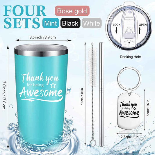 Sieral 8 Pieces Thank You for Being Awesome Tumbler, Thank You Supplies for Women Men 20oz Insulated Stainless Steel Travel Tumbler with Lid and Straw Appreciation Gift with Keychain (Classic Color)