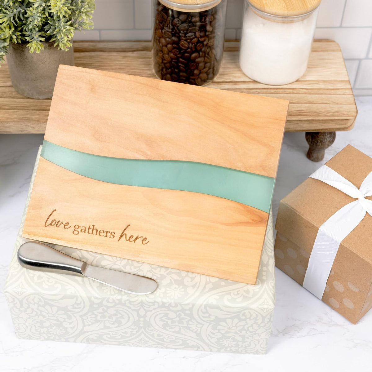 Pavilion Gift Company - Love Gathers Here - 9" x 7" Serving Cheese Bread Wooden & Resin Board With Brushed Silver Spreader Knife Set Housewarming Hostess Host Charcuterie Gift Present