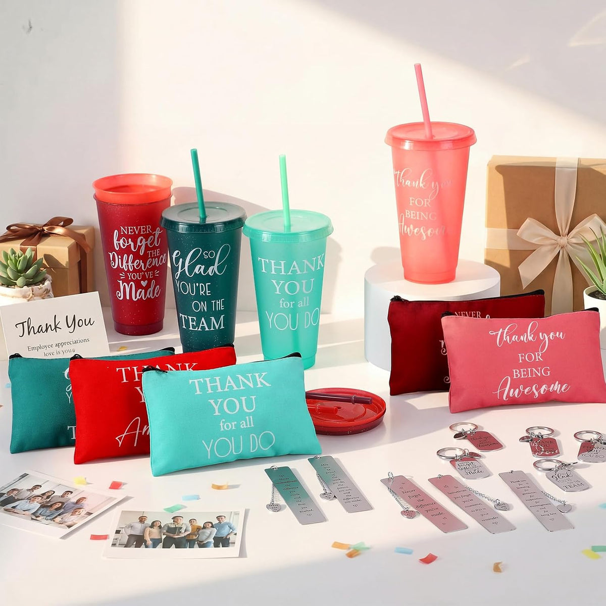 Meanplan 5 Sets Employee Appreciation Gift Bulk Thank You Team Gifts 24 oz Reusable Plastic Cups Inspirational Makeup Bags Keychains Bookmarks with Pendants for Coworker Employees Volunteer Staff