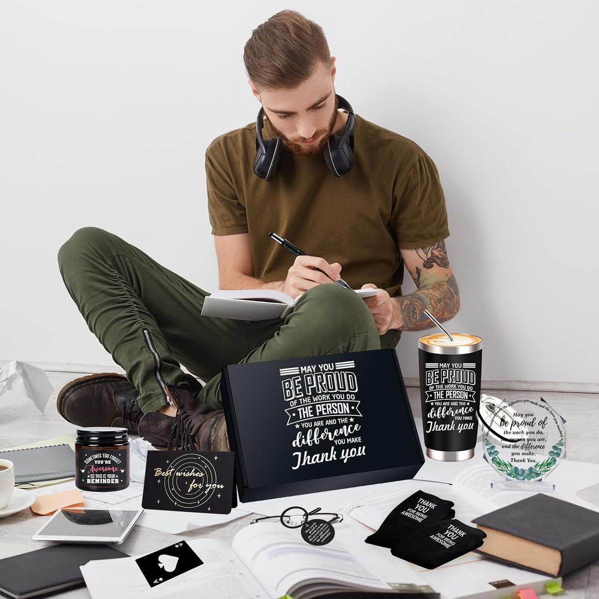 JTAMOHI 9 Pc Employee Appreciation Gifts: 20 Oz Tumbler, Scented Candle, Socks, Acrylic Award Plaque Sign, Thank You Gifts for Employee, Teacher, Professor