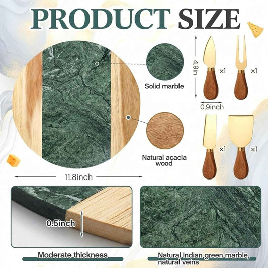Green Marble Cutting Board Marble and Wood Charcuterie Board Gift Set House Warming Gifts New Home with Cheese Knives Acacia Cheese Platter with Handle for Valentine's Day Wedding Party Gift(Round)
