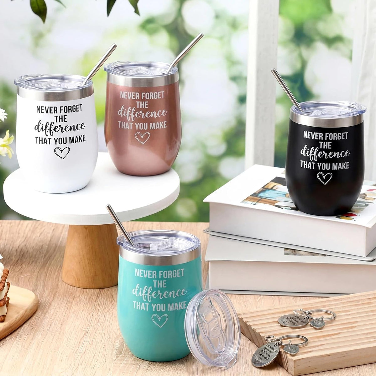 Geiserailie 8 Pcs Thank You Gift for Teacher Employee Never Forget The Difference That You Make 12 oz Stainless Steel Tumbler Keychain Set Team Appreciation Gift for Women Men Coworker (Classic Color)