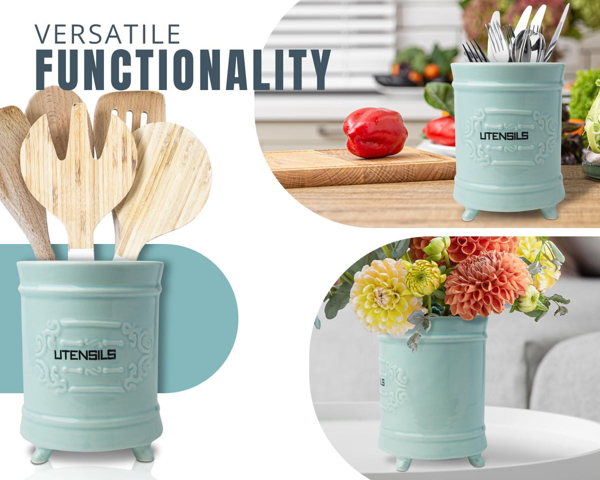 Comfify French Blue Ceramic Utensil Crock – French Country – Scroll Feet | French Blue; ceramic; 6.5"H x 5.25" diameter; embossed 'utensils'; scrollwork feet; dishwasher safe; French country style