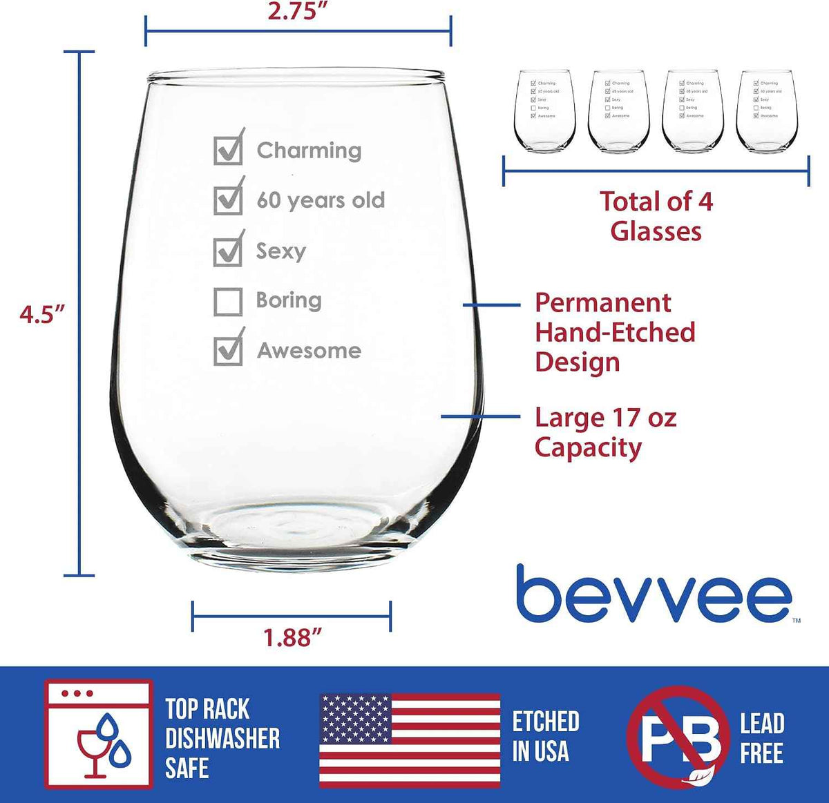 60th Birthday Checklist Wine Glass for Gift Bday Gifts - 17 oz - Set of 4 | Bevvee Gifts for turning 60. Milestone bday party decor. Wine glass drinkware for home bars and parties. Dishwasher Safe